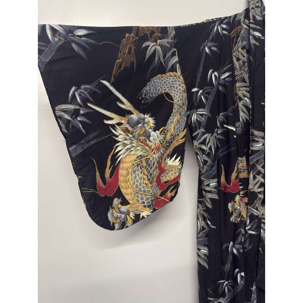 Japanese HAORI Robe DRAGON & BAMBOO Cotton Gold Detail Rich Colors #3 - Picture 5 of 12